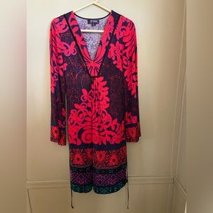 Hale Bob Fall Abstract Long Sleeve V-neck Pullover *100% SILK* Jersey Dress sz S